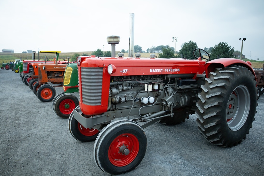 En restaurerad röd Massey-Ferguson-traktor i förgrunden på en utställning eller auktion.